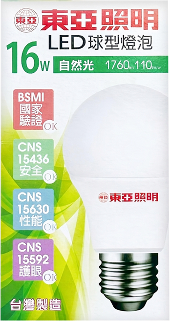 TOA 東亞照明 全電壓LED球泡燈 台灣製 16W E27 4000K, 自然光, 1個