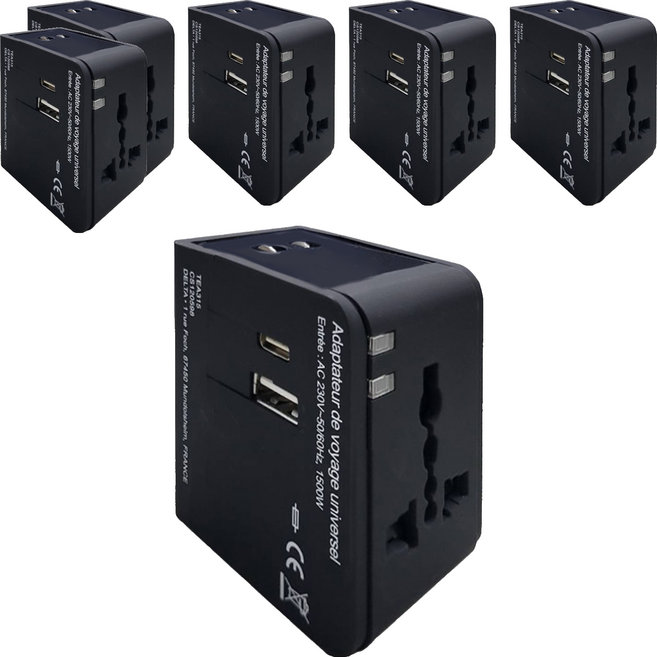 好米 多國旅行充電器 USB接口 + Type-C接口, 黑色, 6個, 55mm