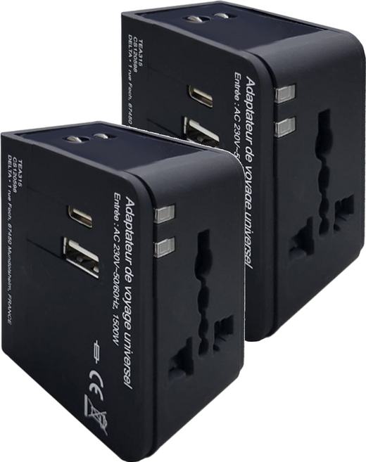 好米 多國旅行充電器 USB接口 + Type-C接口, 黑色, 2個, 55mm