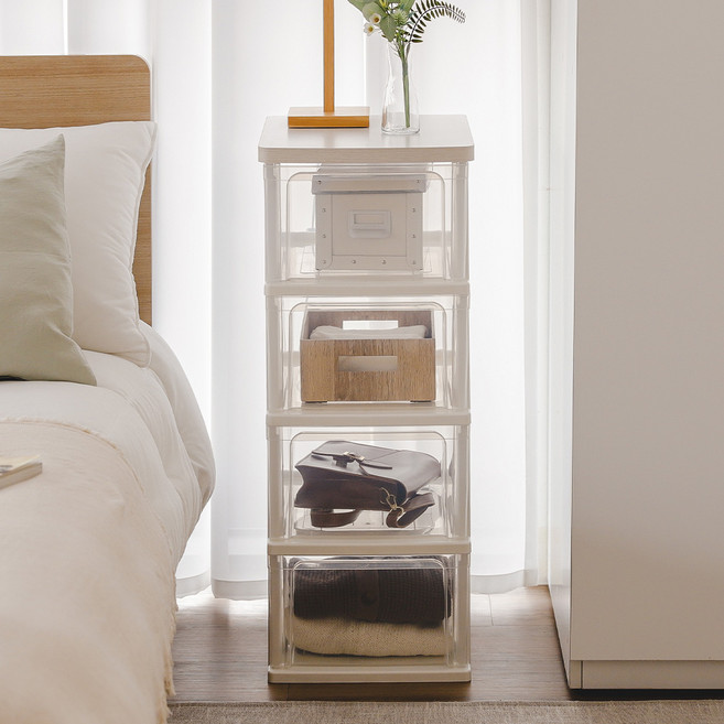 아이리스 우드 슬림 서랍장, 화이트 + 투명, 4단