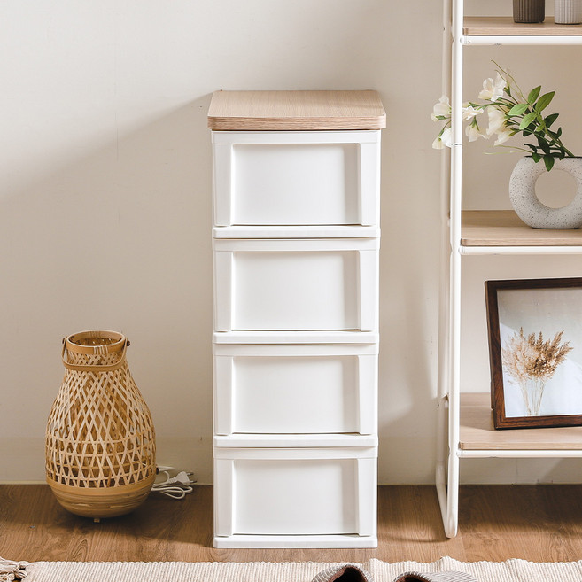 아이리스 우드 슬림 4단 서랍장 WTS-304 바퀴 포함, 베이지 + 불투명, 4개