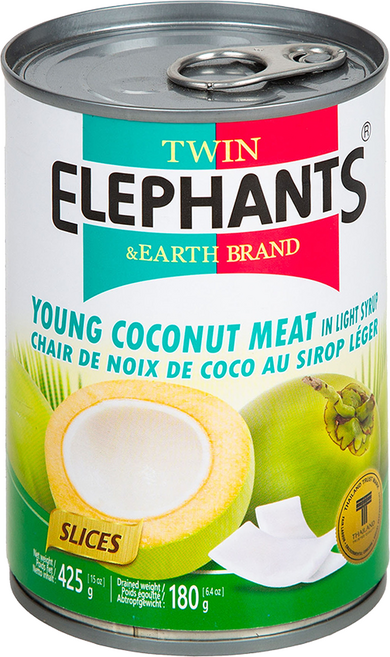 TWIN ELEPHANTS 雙象地球牌 嫩椰子肉片 浸在糖漿中, 425g, 1罐