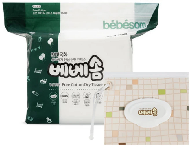 베베솜 순면 유아건티슈 리필형 360매 + 지퍼백 세트, 1세트 - 쿠팡