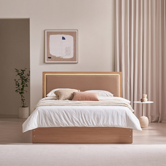 삼익가구 브라이티 엠비언트 LED조명 프리미엄 가죽헤드 수납 호텔 침대 프레임 + 7존 독립 매트리스 세트 방문설치, 베이지+오크(프레임), 그레이(매트리스)