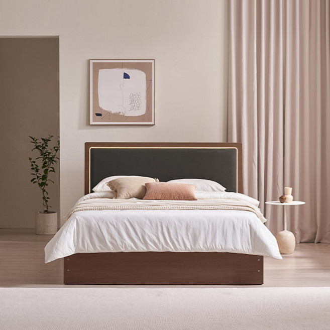 삼익가구 브라이티 엠비언트 LED조명 프리미엄 가죽헤드 수납 호텔 침대 프레임 + 7존 독립스프링 매트리스 세트 방문설치, 그레이+브라운(프레임), 그레이(매트리스)