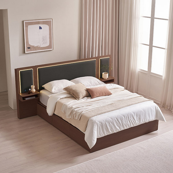 삼익가구 브라이티 엠비언트 LED조명 프리미엄 가죽헤드 수납 호텔 침대 프레임 + 협탁2p 세트 방문설치, 그레이+브라운