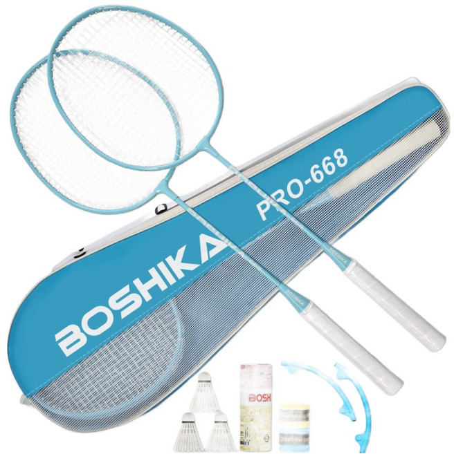 보시카 배드민턴 라켓 2p + 셔틀콕 3p + 헤드커버 2p + 그립밴드 2p + 가방 풀구성, PRO-668(BL), 1세트