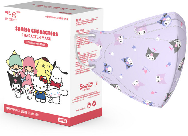 어린숨 엣지 산리오 패턴 컬러마스크 새부리형 소형, 쿠로미, 1개, 30개입