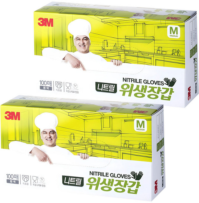 쓰리엠 니트릴 위생장갑 100p, 화이트, M, 2개