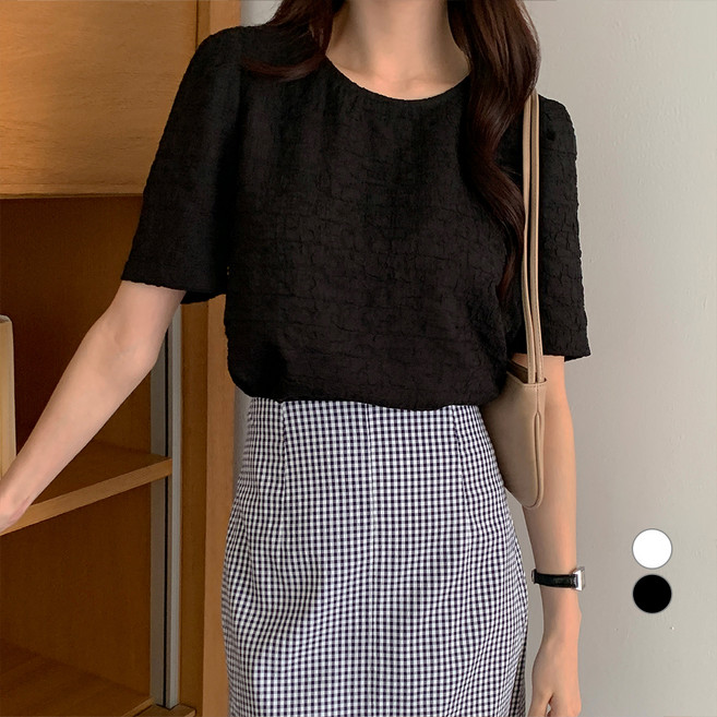 afinar 女款基本壓紋泡泡袖短袖襯衫