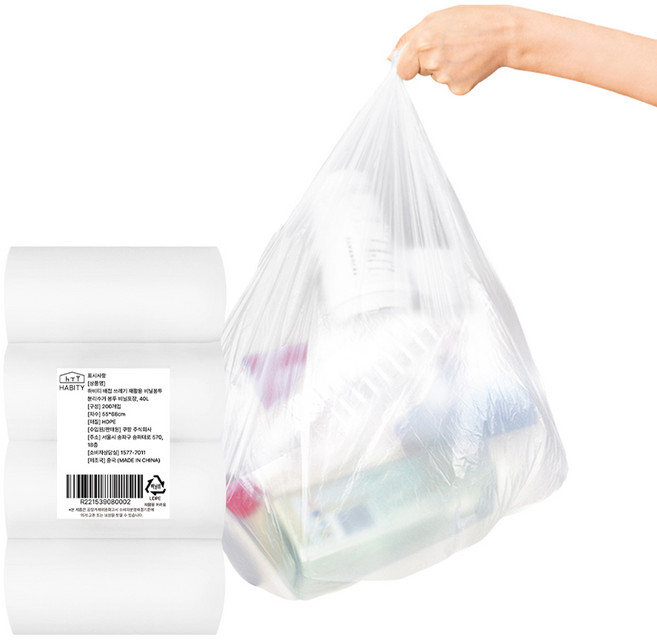 하비티 배접 분리수거 쓰레기 비닐봉투 롤형 포장 200매, 40L, 1개