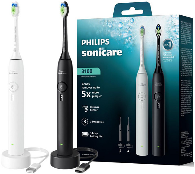 필립스 소닉케어 3100 시리즈 더블핸들 전동칫솔 2종 세트, HX4039/23, 블랙, 화이트, 1세트