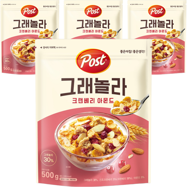 포스트 크랜베리 아몬드 그래놀라, 500g, 4개