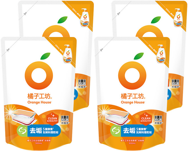 Orange House 橘子工坊 去垢酵素洗碗精補充包, 500ml, 4包