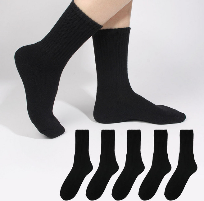 두발로 여성용 스포츠 파일 쿠션 크루 양말, 블랙, 5개