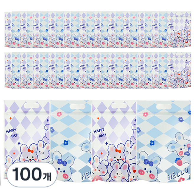 미미파티 감성 귀여운 구디백 손잡이 지퍼백 포장 봉투, 블루토끼, 100개