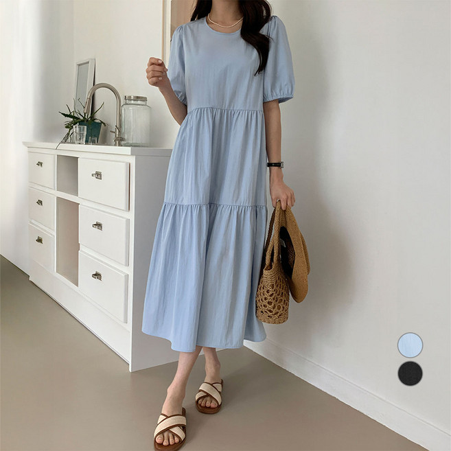 afinar 女款短袖泡泡袖蛋糕連身裙, 淺藍色