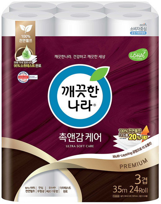 깨끗한나라 천연펄프 3겹 촉앤감 케어 고급롤화장지, 35m, 24개입, 1개