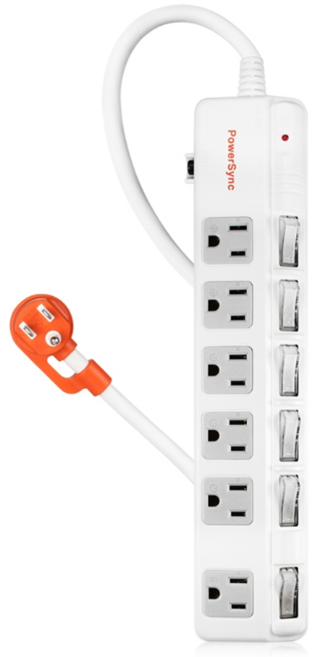 PowerSync 群加 6開6插斜面開關防雷擊抗搖擺延長用電源線組 3孔 TPS366BN9027, 2.7m, 白色, 1組