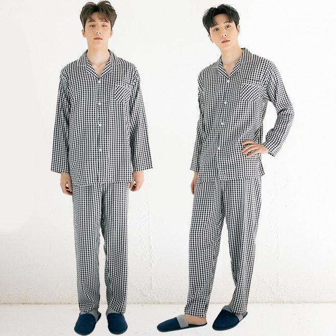 TERAWOOD 男士簡約格紋長袖睡衣上下2件組