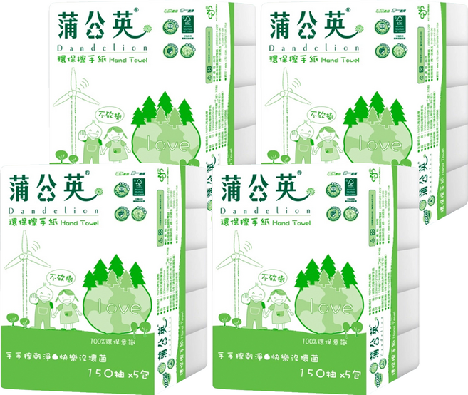 蒲公英 環保擦手紙 150張, 5包, 4袋