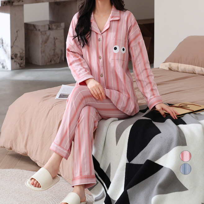 세컨핑크 커플용 서클아이 스트라이프 긴팔 카라 잠옷 세트 #82803