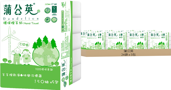 蒲公英 環保擦手紙 150張, 5包, 24袋