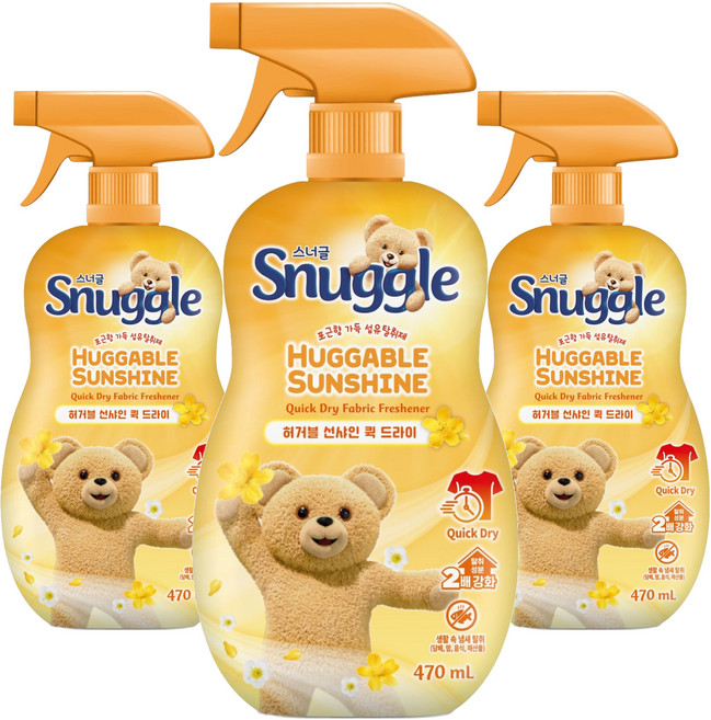 스너글 허거블 선샤인 퀵 드라이 섬유탈취제 본품, 470ml, 3개