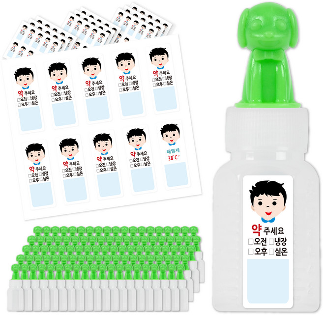 강아지캐릭터 약병 12cc 100p + 블루둥이 방수스티커 100p 세트, 1세트