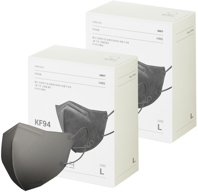 맘편히마스크 새부리형 마스크 대형 성인용 KF94, 50개입, 2개, 그레이