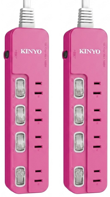 Kinyo 4開4插安全延長線 2孔 NSD2446, 1.8m, 粉色, 2個
