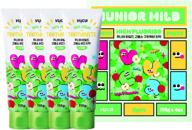 뷰카 주니어 마일드 고불소 비건 치약 사과향, 110g, 4개