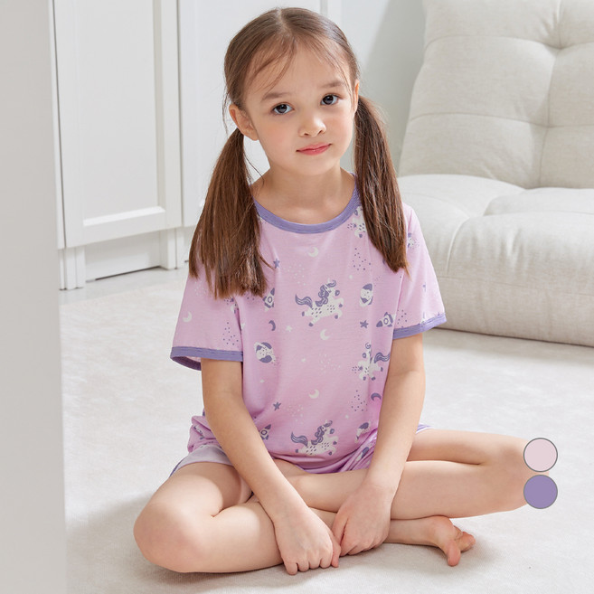 롤리트리 유니콘 배색 통기성 인견 5부 실내복 상하의 세트