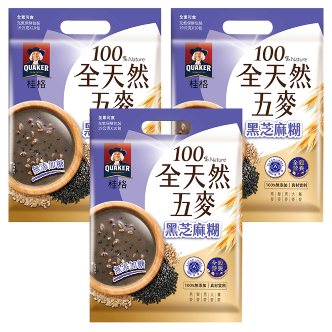 QUAKER 桂格 全天然五麥 黑芝麻糊 無添加糖 10包入, 190g, 3袋