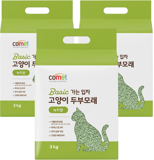 코멧 베이직 가는 입자 고양이 두부모래 10L, 3kg, 3개, 녹차향