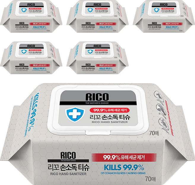 리꼬 손소독 물티슈 캡형, 60g, 70매, 6개