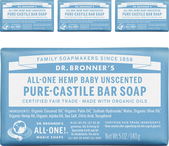 닥터브로너스 베이비 마일드 퓨어 캐스틸 바 솝 무향, 140g, 4개