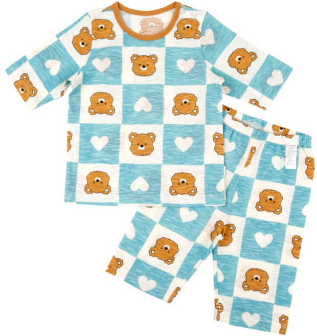 Maykids 童款小熊餅乾棋盤格竹節棉七分袖家居服套裝