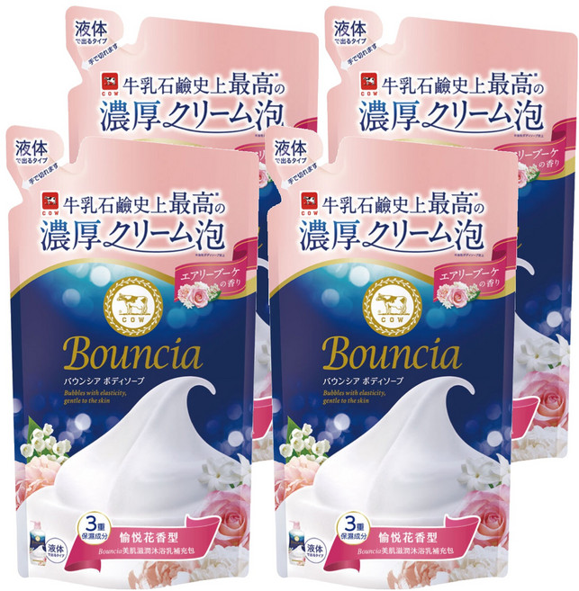 COW STYLE 牛乳石鹼 Bouncia 美肌滋潤沐浴乳補充包 愉悅花香, 360ml, 4包