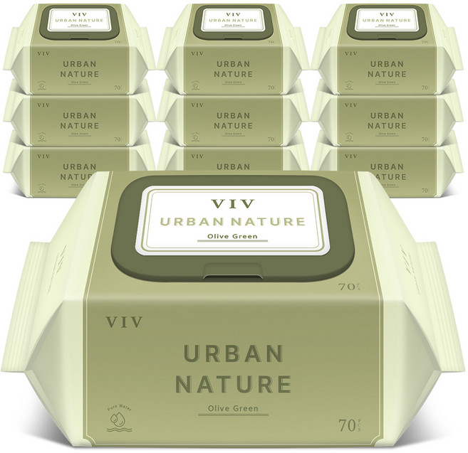 비브어반네이처 저자극 아기물티슈 캡형 올리브 그린, 75g, 70매, 10개