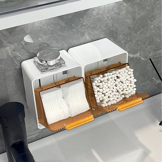 MF스토어 무타공 심플 다용도 부착식 미니 면봉 화장솜 수납 케이스, 오렌지 화이트, 6개