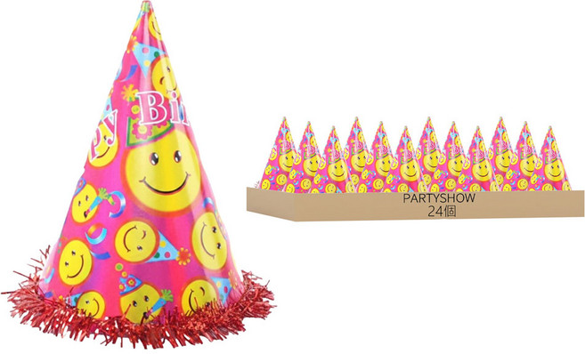 PARTYSHOW 全息生日派對圓錐帽 皇冠 4個 + 微笑 4個 + 蛋糕 4個 + 氣球 4個 + 派對 4個 + 杯子蛋糕 4個, 微笑 粉色, 1組