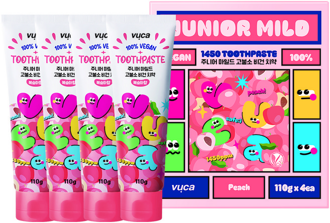 뷰카 주니어 마일드 고불소 비건 치약 복숭아향, 110g, 4개