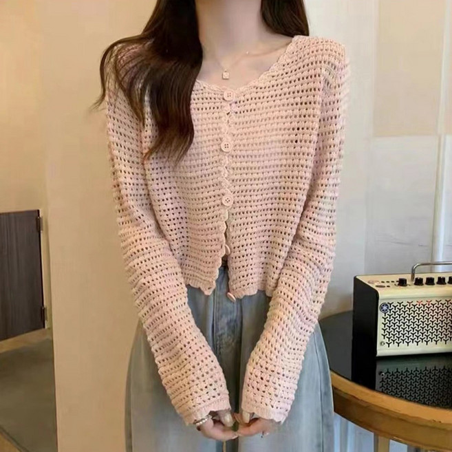 아이엠몽 여성용 로울 펀칭 와플 물결 니트 가디건