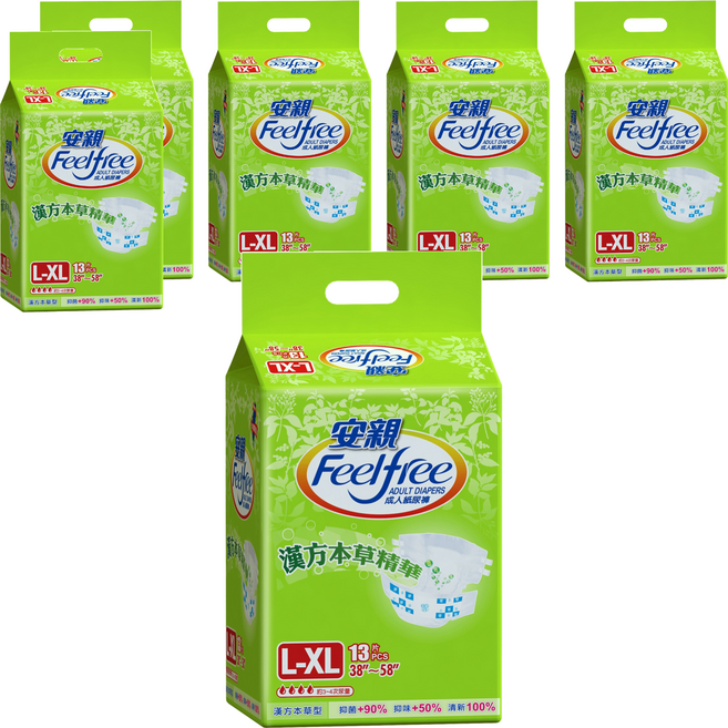 Feelfree 安親 漢方草本成人紙尿褲, L~XL(腰圍38~58吋), 13片, 6包
