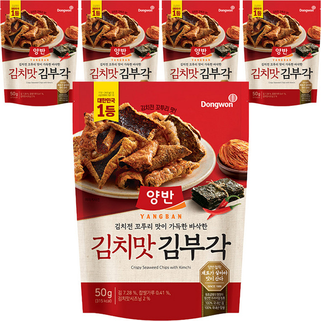 Dongwon 東遠 Yangban 兩班 泡菜風味海苔脆片, 5包, 50g