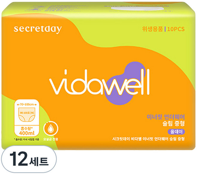 비다웰 여성용 요실금 이너핏 언더웨어 슬림 성인기저귀, 중형, 12세트, 10매입