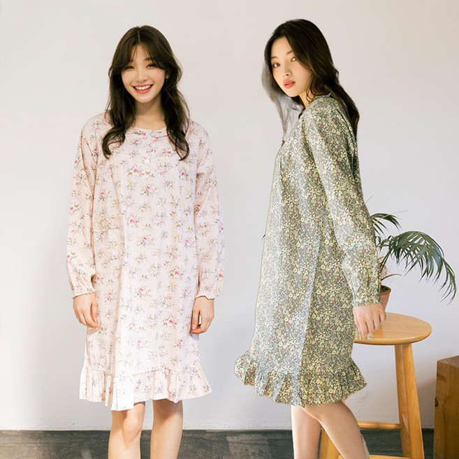 테라우드 여성용 순면 긴팔 파자마 원피스 2p