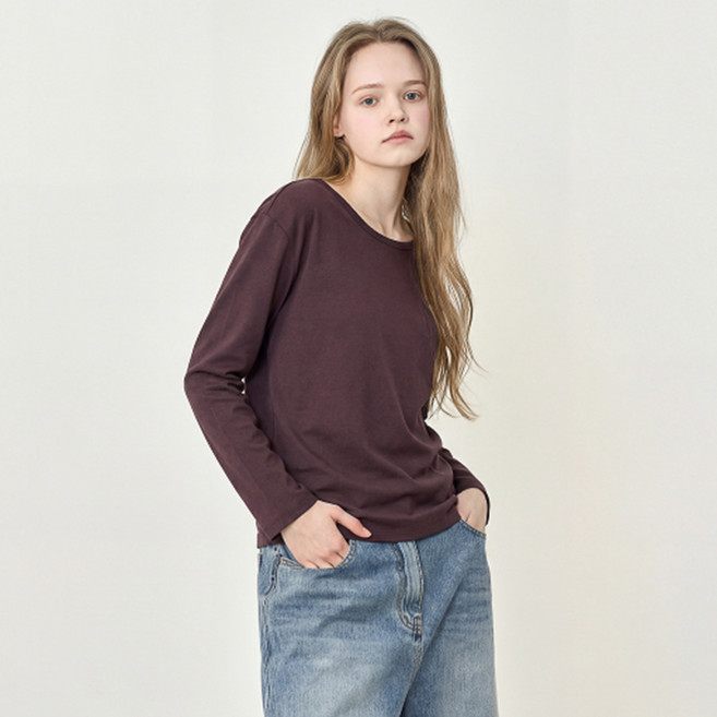 베이직하우스 여성용 찰랑 스판 유넥 오버핏 긴팔 티셔츠