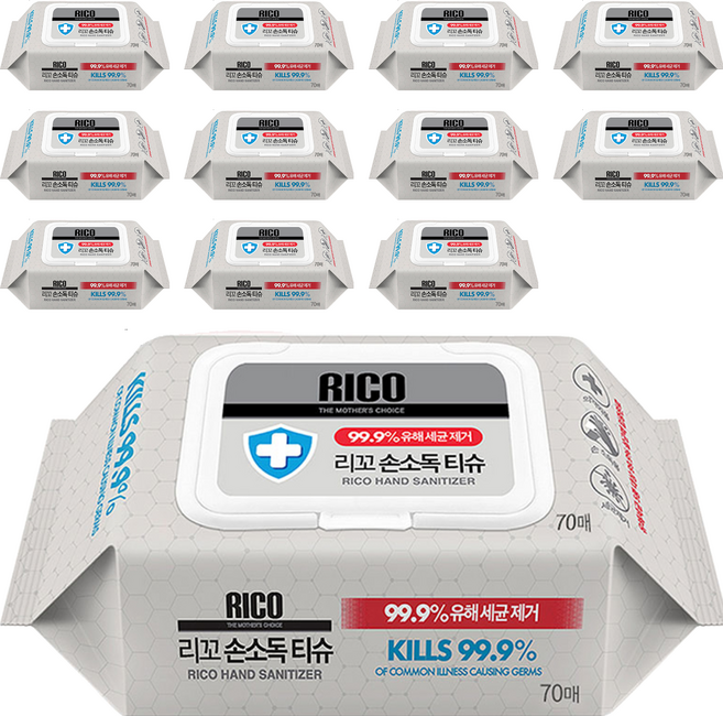 리꼬 손소독 물티슈 캡형, 60g, 70매, 12개